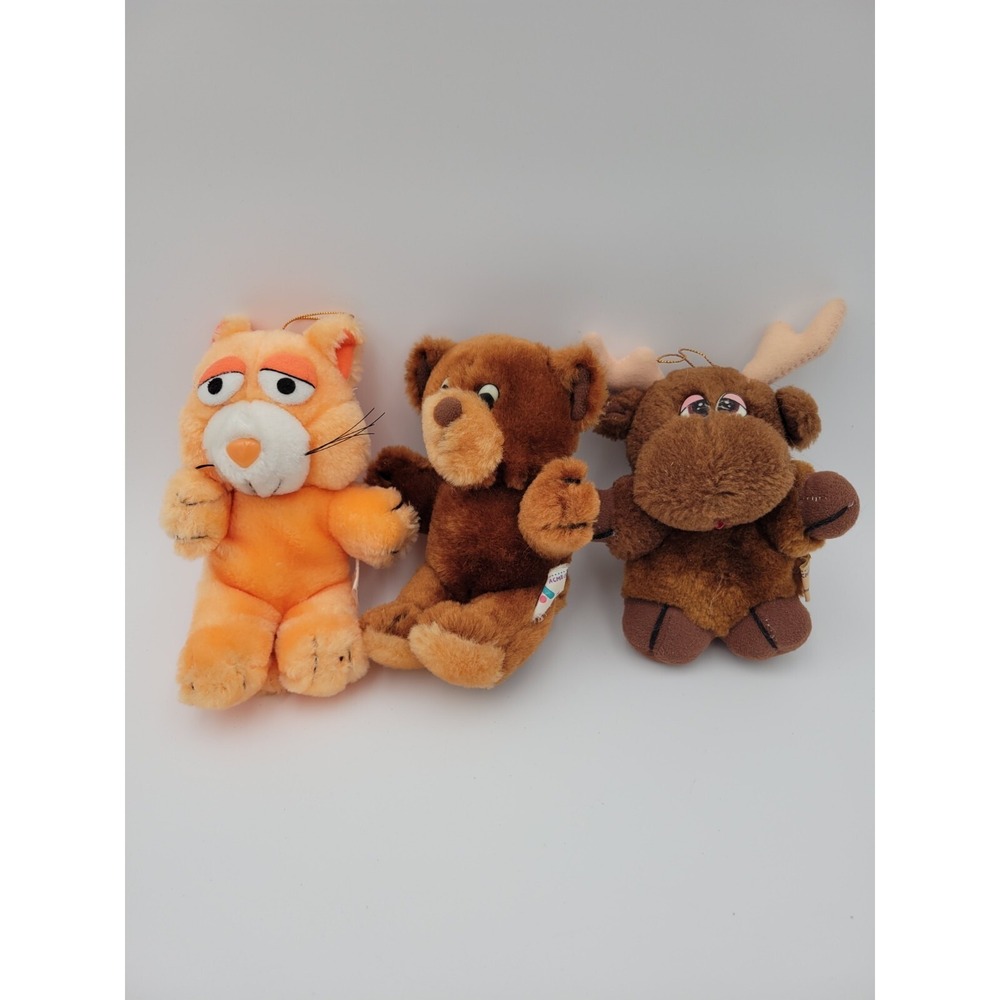 Lot of 3 Vintage Acme Plush Hanging Ornaments Bear Cat Moose Stuffed‎ Animal